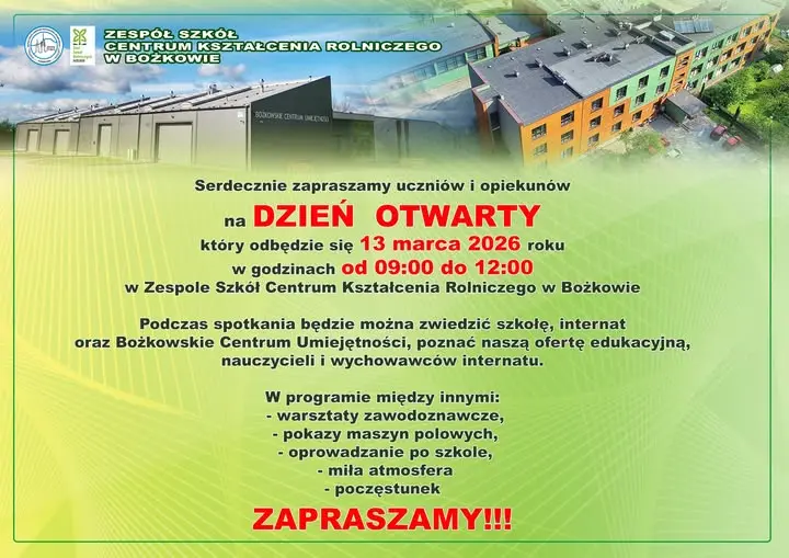 Plakat Dzień Otwarty ZS CKR w Bożkowie