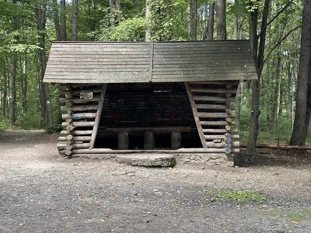 Drewniana wiata w zimowym lesie.