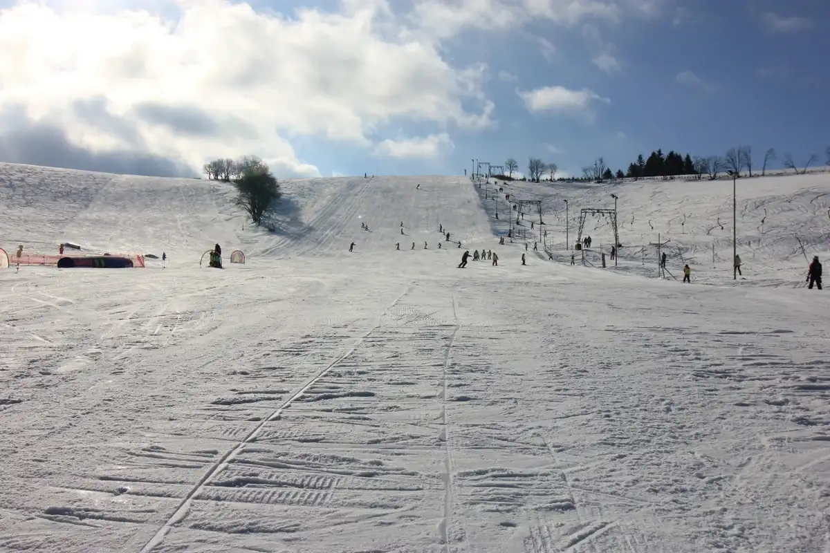 Narciarze na trasie w Olešnice pod głębokim błękitem nieba.