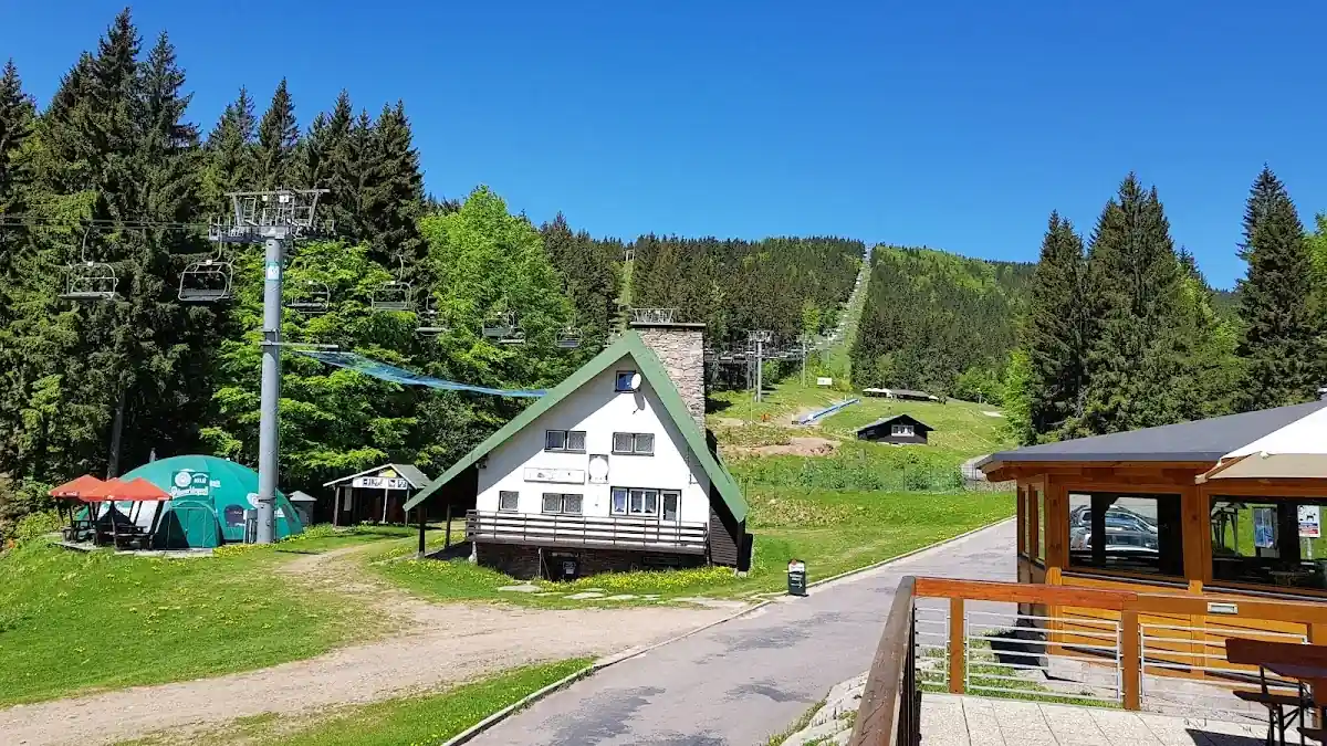 Szeroka panorama tras narciarskich w Ski center Říčky pod błękitnym niebem.