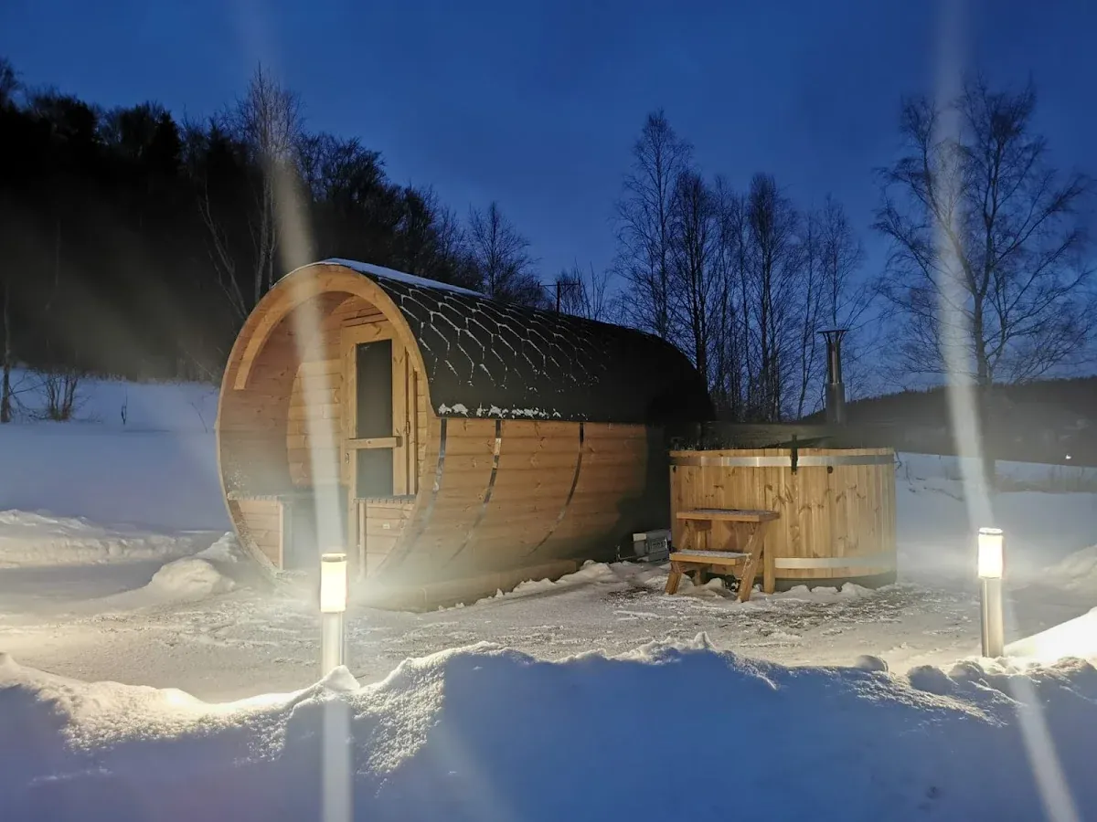 Sauna w ogrodzie zimą.