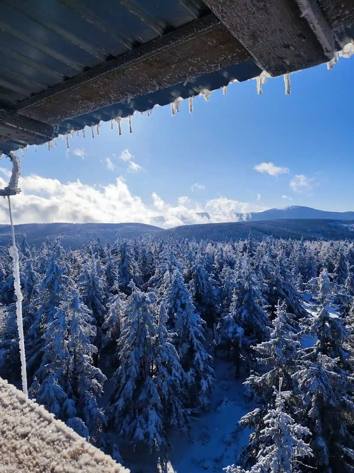 Tabliczka szczytowa na drewnianej konstrukcji wieży.