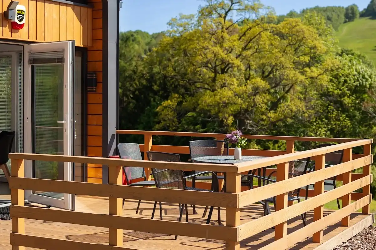 Widok z tarasu domku Sovanova na las i ośnieżone stoki.