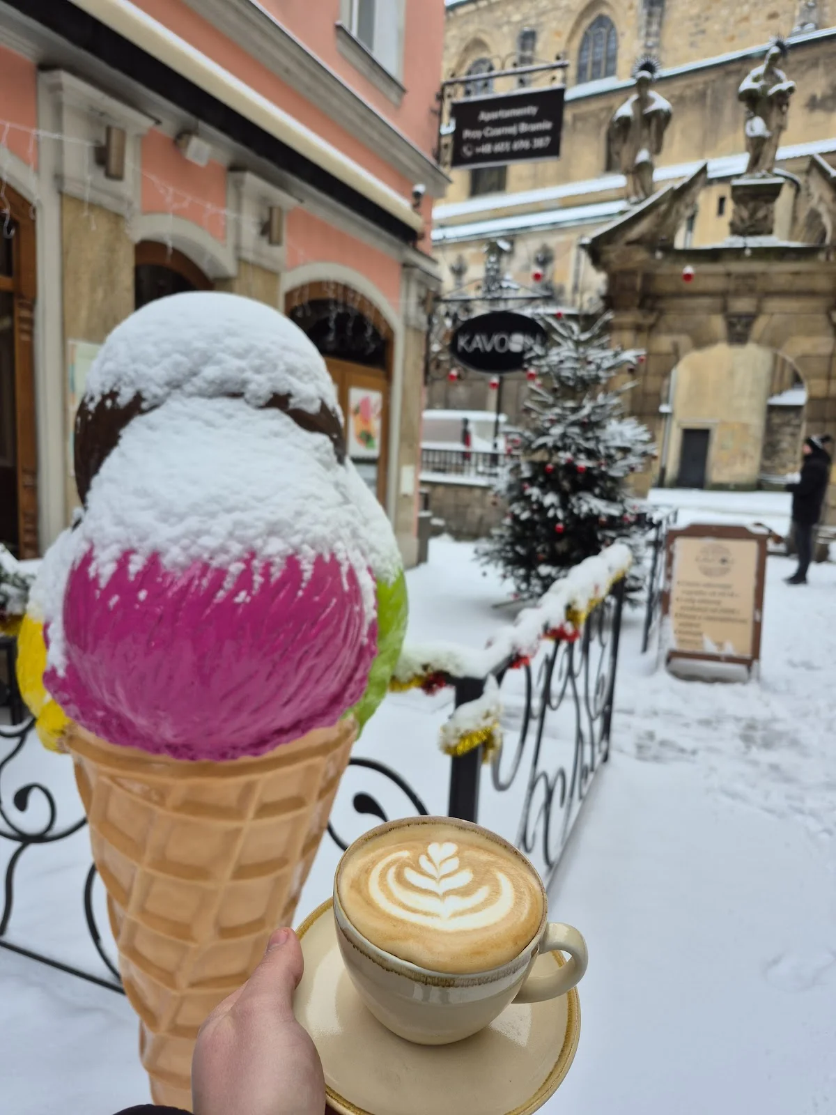 Deser lodowy z posypką serwowany w kawiarni zimą.