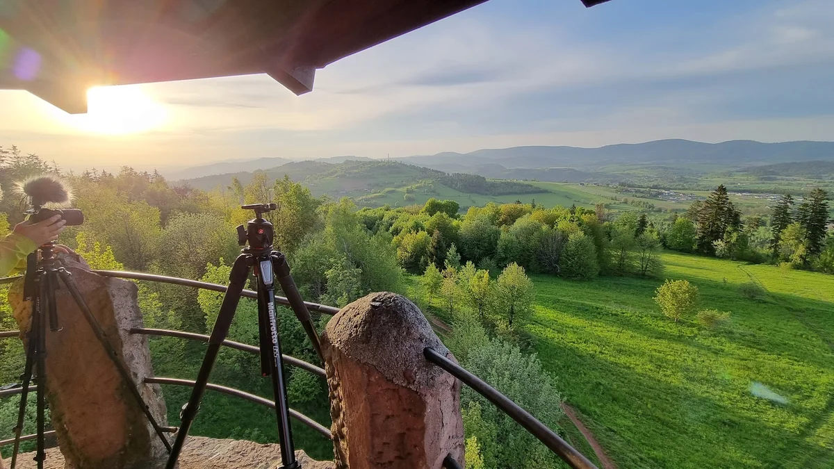 Widok nastrojowy z tarasu o zachodzie słońca letnią porą.