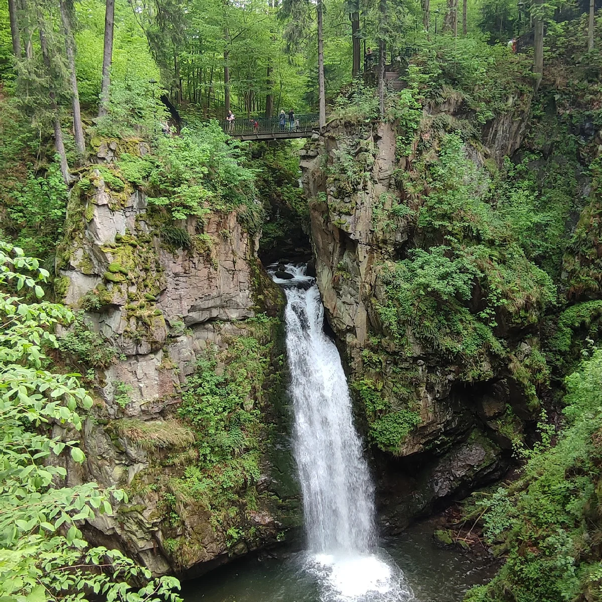 Widok nastrojowy na kaskadę wodną nastrojowo letem.